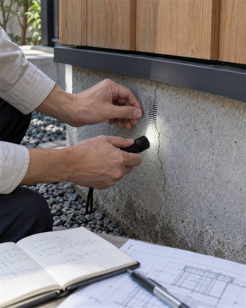既存建物のひび割れをクラックスケールで調べる建築士の手元