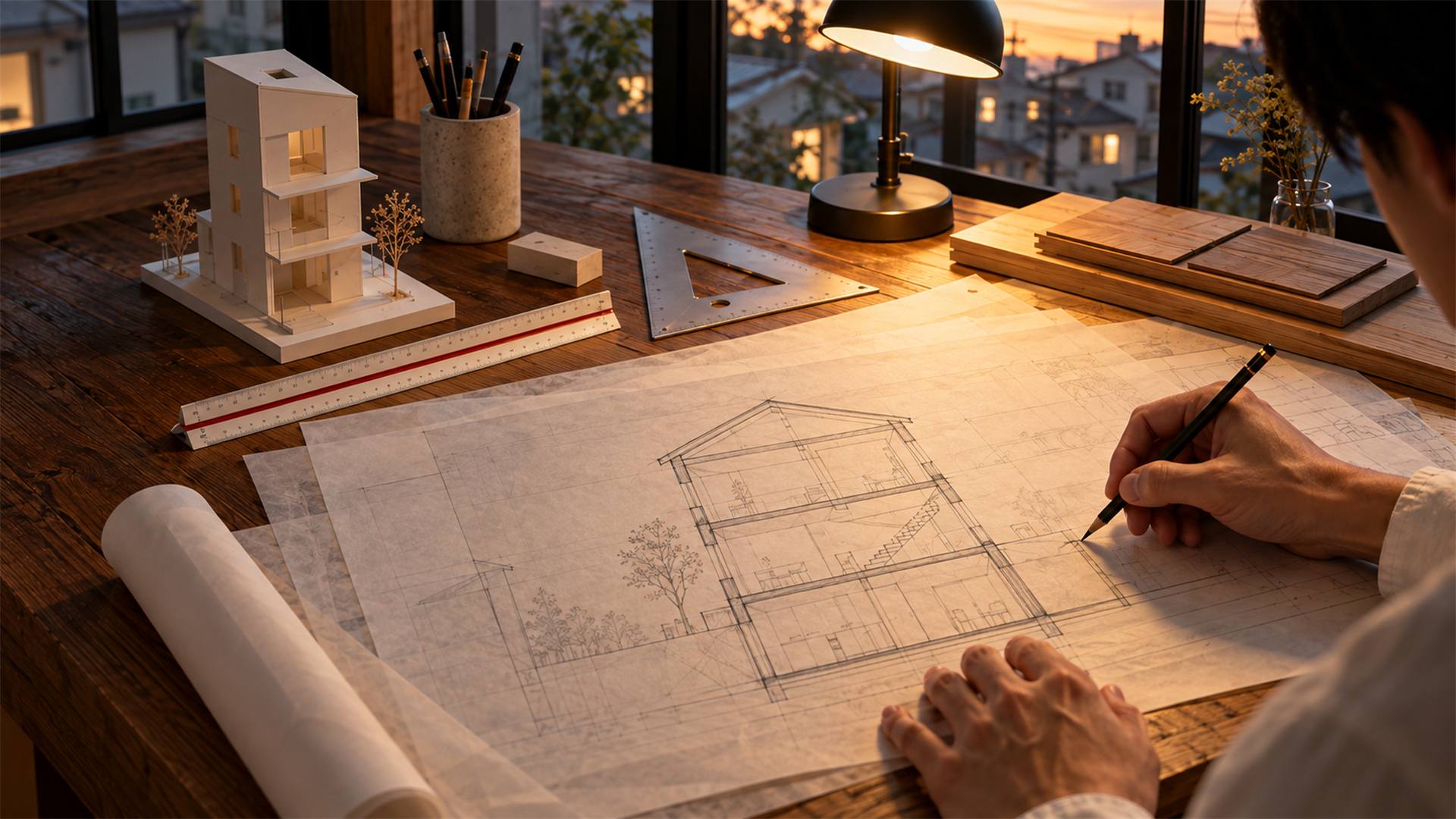 住宅の断面図を描き込む建築士の手元と模型